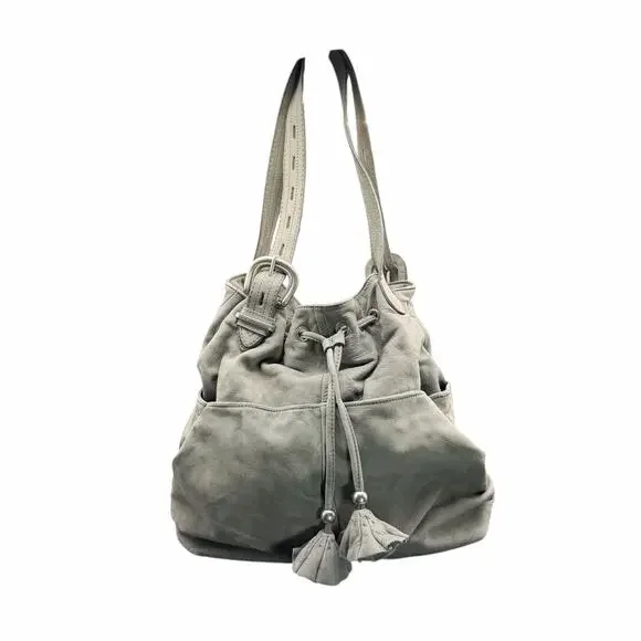 Ann Taylor LOFT Gray Leather Drawstring Shoulder Bag Tassel Slouchy Tote - Picture 1 of 13